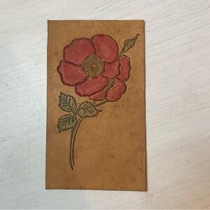 Antique Real Leather Postcards Lot of Two Red Poppy Victorian Building Kansas